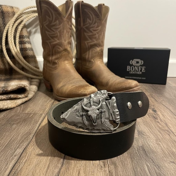 Vintage Southwestern Arrowhead Belt Buckle |  Custom Genuine Leather Handmade Belt, Various Colors