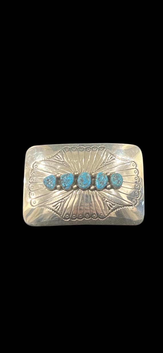 Vintage Native American Sterling Silver Turquoise Belt Buckle – Signed JB – Custom Handmade Leather Belt