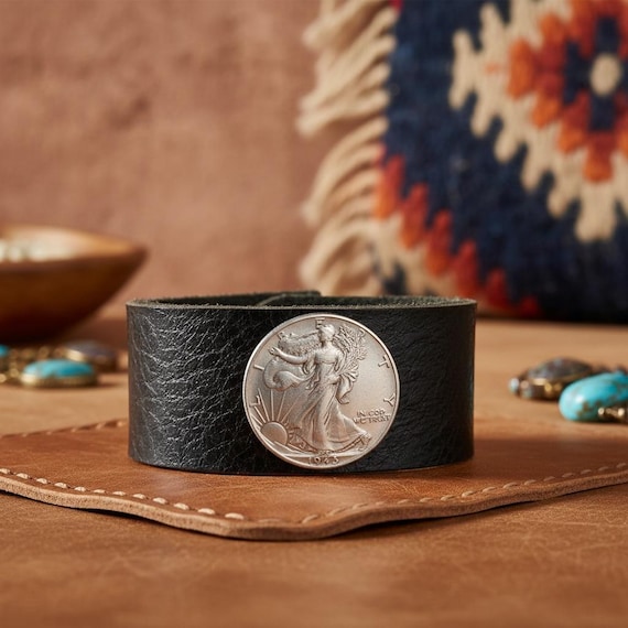 Walking Liberty Silver Half Dollar Coin Leather Cuff Bracelet