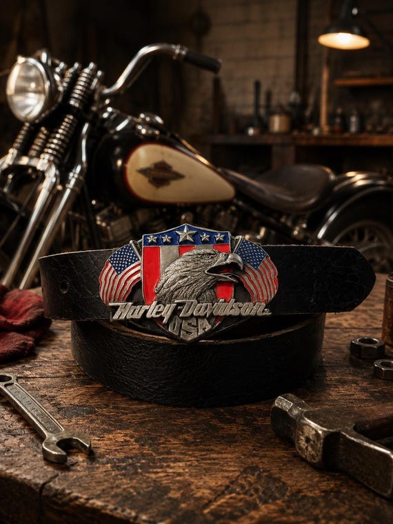 Vintage Harley Davidson Motorcycle Eagle Belt Buckle with Custom Genuine Leather Belt | Collector Buckle | Motorcycle Rider Belt Gift