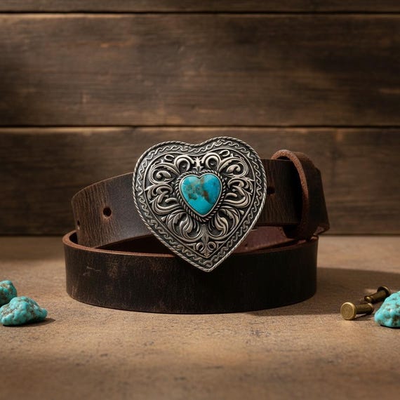 Sterling Silver Turquoise Heart Belt Buckle – Southwestern Leather Cowgirl Belt