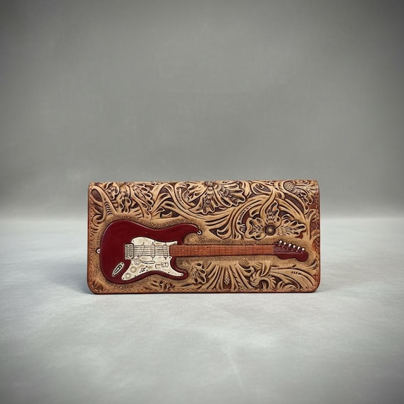 Men’s Leather Wallet, Guitar Wallet, Fender Stratocaster Hand Carved (Long with Brass Chain)