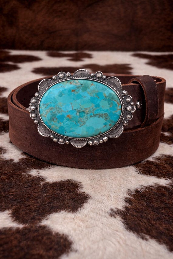 Southwestern Turquoise Belt Buckle with Custom Leather Belt – Sterling Silver Turquoise Buckle – Western Women’s Belt – Cowgirl Belt