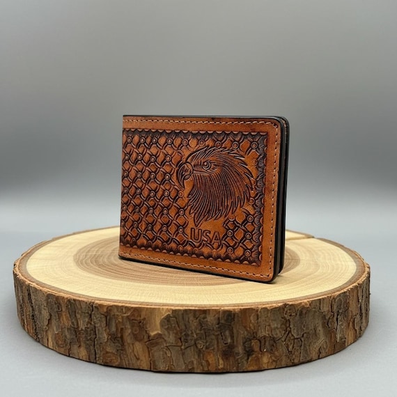 Hand Tooled US Eagle Leather Bifold Wallet – British Tan Basket Weave