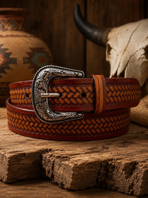 Stamped Cowhide Leather Belt | Western Tooled Leather Belt | Interchangeable Buckle Belt | Custom Men’s Women’s Cowboy Belt