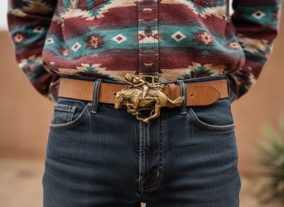 Vintage Belt Buckle Indian Warrior on Pony, Solid Brass, Optional Belt