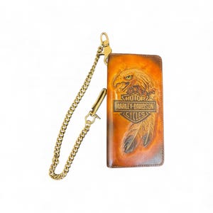 Men’s Leather Wallet, Guitar Wallet, Fender Stratocaster Hand Carved (Long with Brass Chain) Chain attached