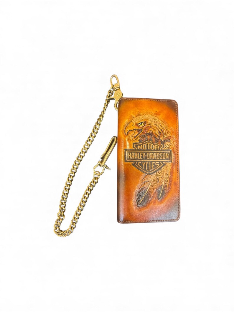 Men’s Leather Wallet, Guitar Wallet, Fender Stratocaster Hand Carved (Long with Brass Chain) Chain attached