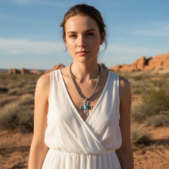 Sterling Silver Cross and Turquoise Pendant with Navajo Pearl Necklace (20 Inches)