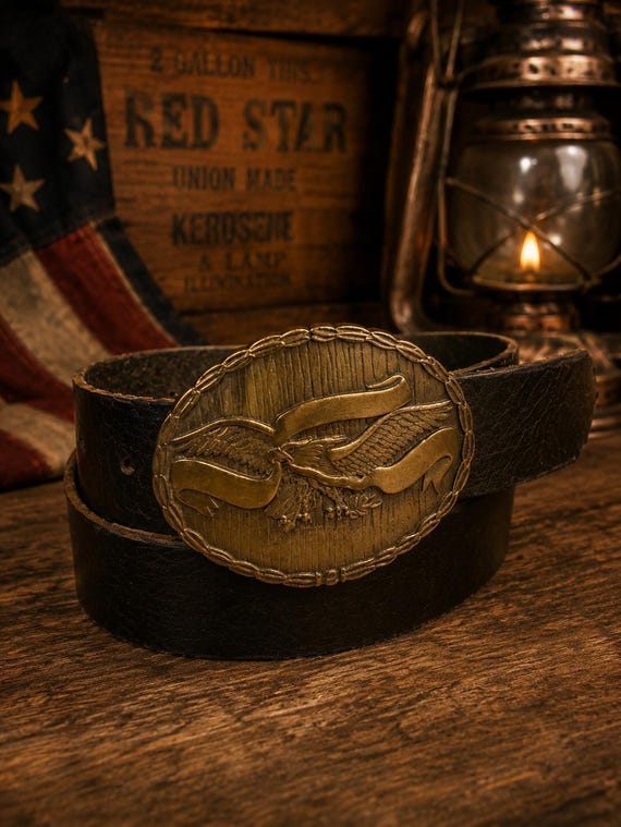 Vintage Solid Bronze American Eagle Belt Buckle with Custom Genuine Leather Belt | Patriotic USA Buckle | Handmade Leather Belt | Americana