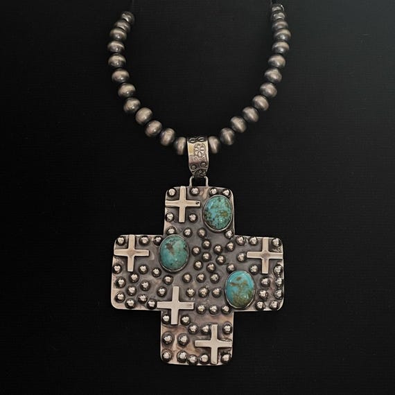 Sterling Silver Cross Pendant: Southwestern Turquoise and Pearl Necklace