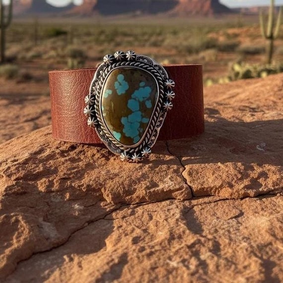 Kingman Turquoise Leather Cuff Bracelet – Handcrafted Western Jewelry