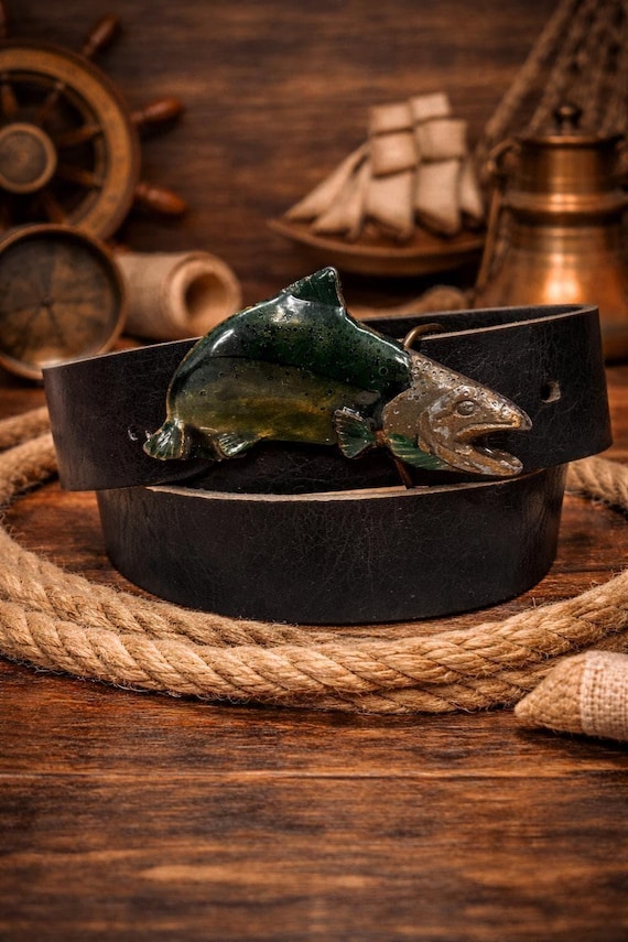 Vintage Fish Belt Buckle, Solid Brass | Custom Genuine Leather Belt | Nautical Fisherman Gift | Gift for Him