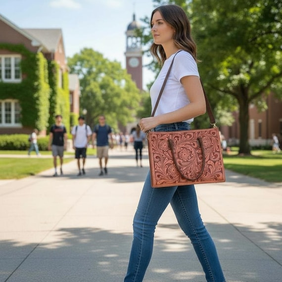 Southwestern Hand Carved leather messenger bag (Fits Laptop & Supplies) in Brown or Aqua Turquoise