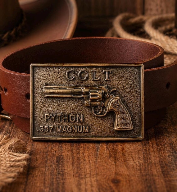 Vintage Colt Python .357 Magnum Belt Buckle with Handmade Genuine Leather Belt | Western Revolver Buckle | Gun Collector Gift
