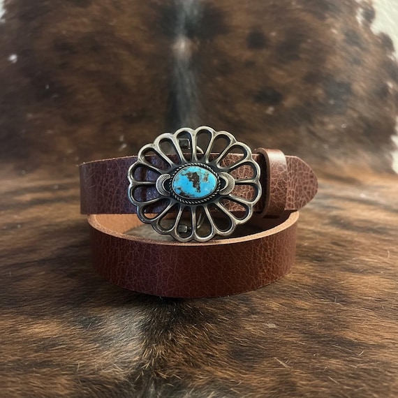Vintage Native American Sterling Silver Turquoise Belt Buckle with Custom Leather Belt – Handmade Southwestern Buckle