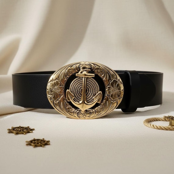 Artisan Solid Brass Anchor Belt Buckle, By Silversmith Richard Kaish, Nautical Style, w/ Premium Leather Belt