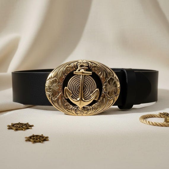 Anchor Belt Buckle with Custom Genuine Leather Belt | Nautical Coastal Accessory for Beach Lover | Maritime Gift for Her