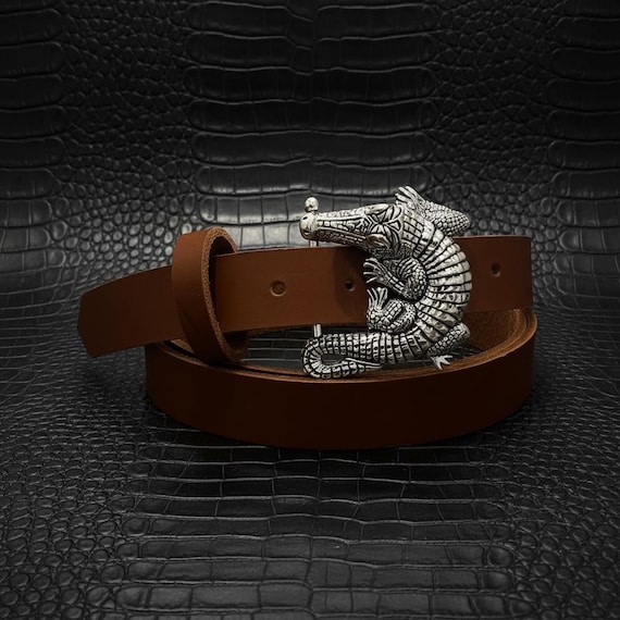 White Brass Alligator Belt Set, Genuine Leather, Wildlife Statement Buckle