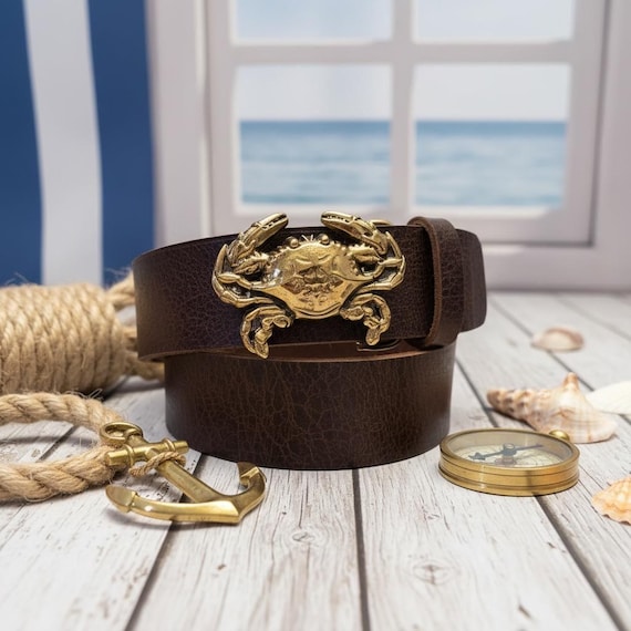 Blue Claw Crab Belt Buckle – Custom Genuine Leather Belt | Nautical Gift Coastal Ocean Lover