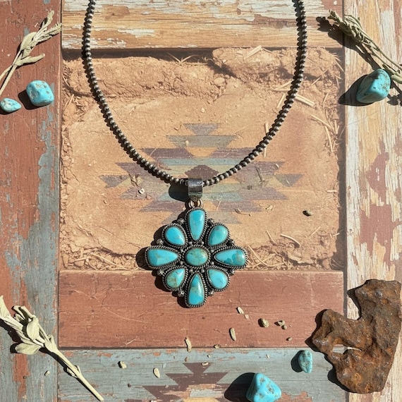 Kingman Turquoise, Sterling Silver Pendant | Southwestern Pearl Chain - Handmade 22 Inch Necklace