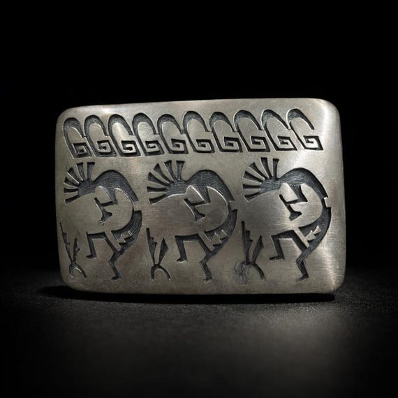 Vintage Hopi Belt Buckle, Kokopelli Dancers Sterling Silver, w/ Premium Leather Belt