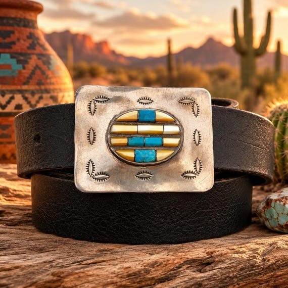 Southwestern Nickel Belt Buckle with Turquoise & Mother of Pearl Inlay | Handmade Genuine Leather Custom Belt | Western Cowboy Belt | Unisex