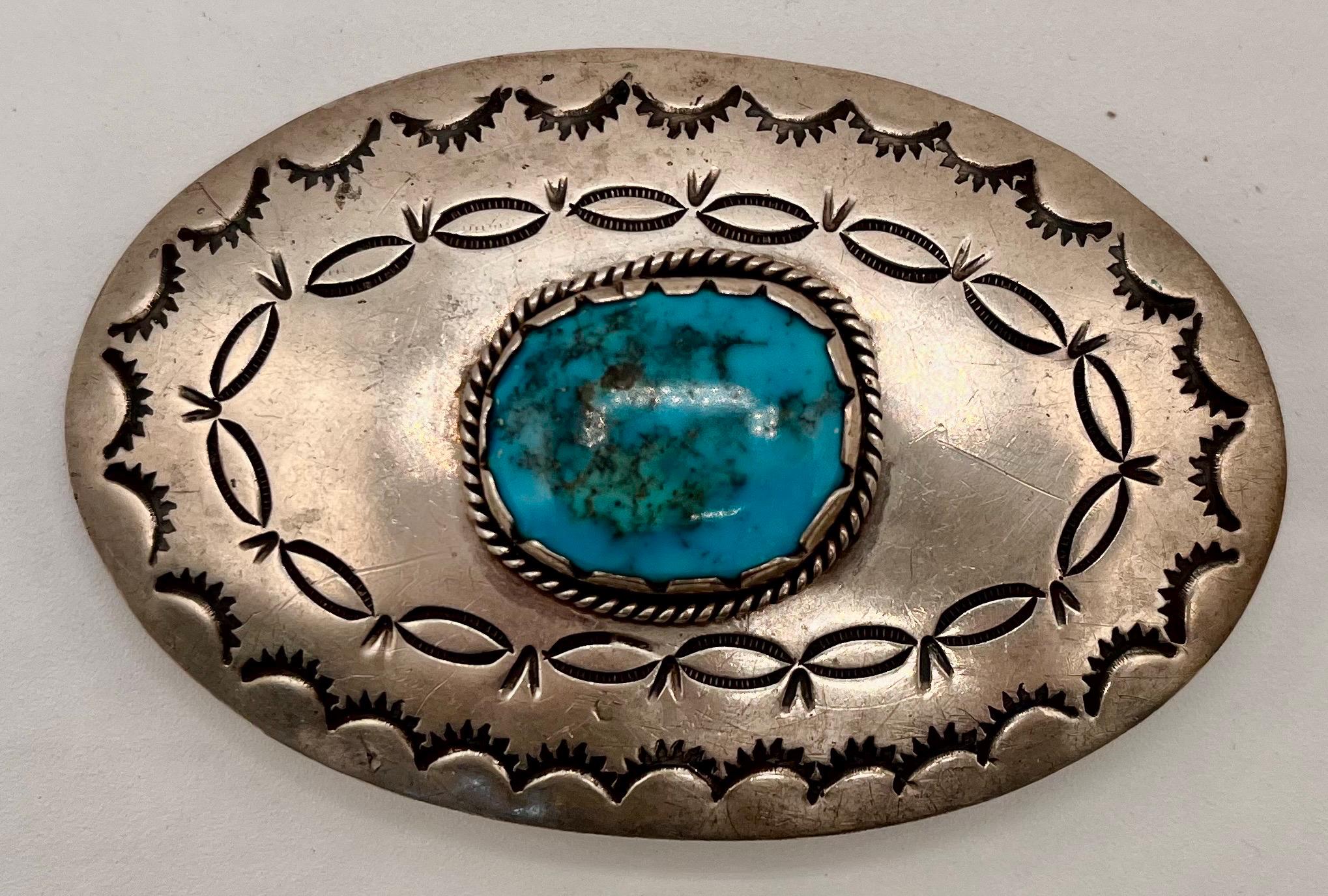 Elegant Turquoise and sterling silver ( 1 1/2 x 2 1/4 " stone ) belt buckle with bridle leather belt, Made to your size by Bonfe Leather.
