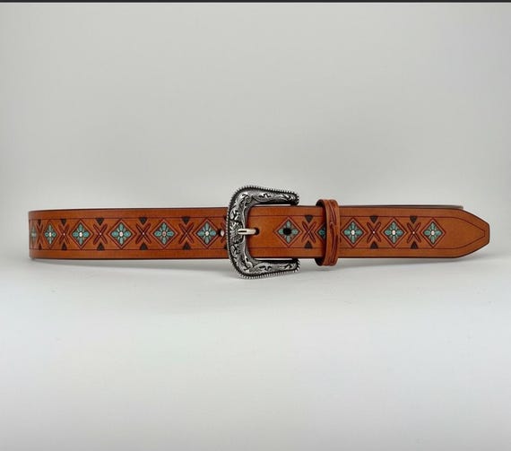 Southwestern Hand-Carved Leather Belt: Diamond Design (Custom Fit)