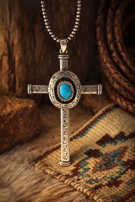 Sterling Silver Turquoise Cross Necklace – Southwestern Artisan Statement Jewelry
