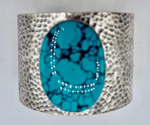 Kingman Turquoise Cuff Bracelet: Hammered Sterling Silver, Southwest Style
