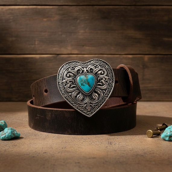 Sterling Silver Turquoise Heart Belt Buckle – Southwestern Leather Cowgirl Belt