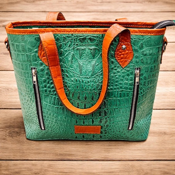 Handcrafted Turquoise and Tan American Alligator Purse –Southwestern