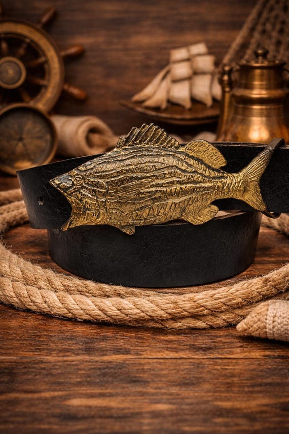 Solid Brass Fish Belt Buckle – Nautical Statement, Vintage USA Made, Custom Leather Belt