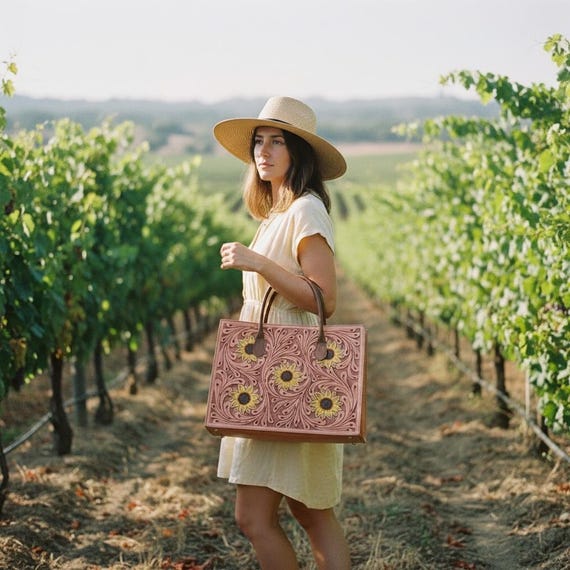 Southwestern Hand Carved leather Messenger Bag, Tan with Sunflowers