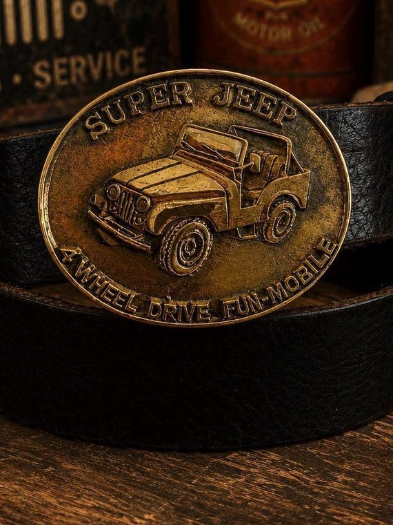 Vintage Super Jeep Belt Buckle with Custom Genuine Leather Belt | Solid Brass Oval Buckle | Classic Off-Road 4x4 Collector Gift | Jeep Gift