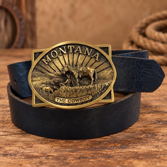 Montana Cowboy brass belt buckle, Custom Genuine Leather Belt, Western Belt, Handcut Belt Cowhide or Buffalohide