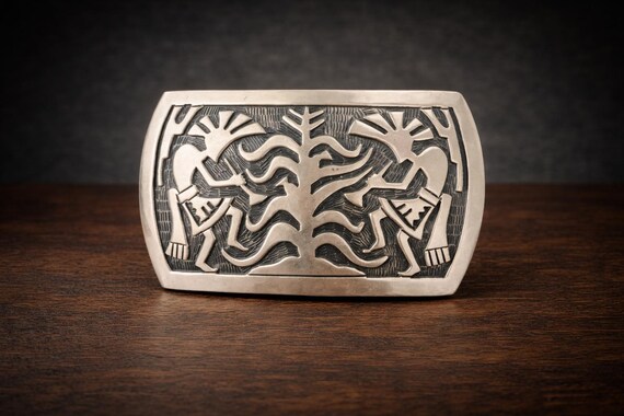 Vintage Hopi Sterling Silver Kokopelli Belt Buckle, Signed S. Tom Southwestern Overlay, w/ Premium Leather Belt