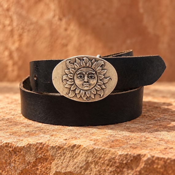 Silver Sun Face Belt Buckle with Custom Leather Belt, Southwestern Celestial Western Belt, Boho Hippie Oval Buckle