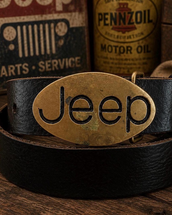 Vintage Jeep Logo Belt Buckle with Custom Genuine Leather Belt | Solid Brass Oval Buckle | Classic Off-Road 4x4 Collector Gift | Jeep Gift