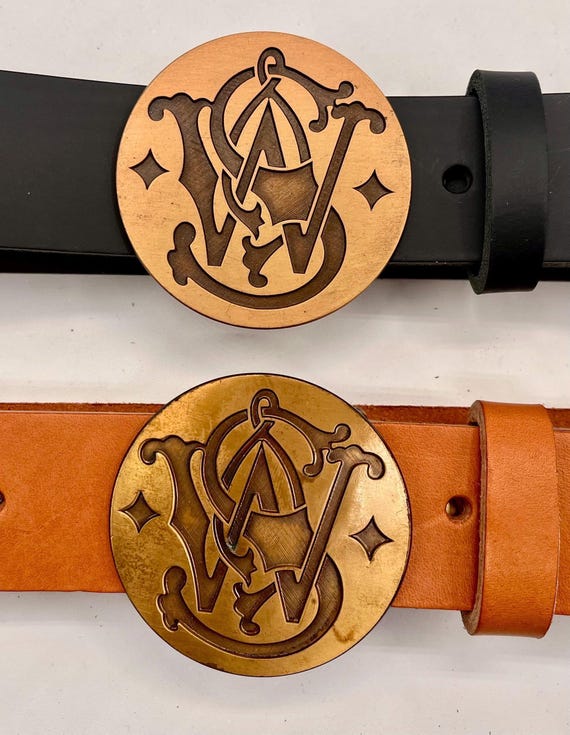 Smith & Wesson Brass Belt Buckle, Cowhide Leather (Multiple Colors)