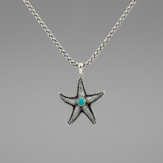 Starfish with Turquoise Pendant Necklace | Handcrafted White Brass | Nautical Coastal Accessory for Beach Lover | Gift for Her