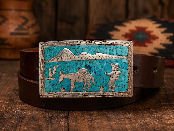 Vintage Sterling Silver Turquoise Belt Buckle – Signed FP, GUA 925 Southwestern Turquoise Inlay Buckle with Custom Leather Belt, Gift
