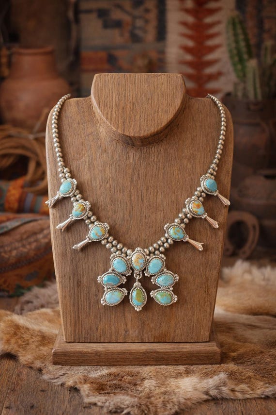 Southwestern Sterling Silver Premium Squash Blossom Necklace | Kingman Turquoise, Statemant Necklace