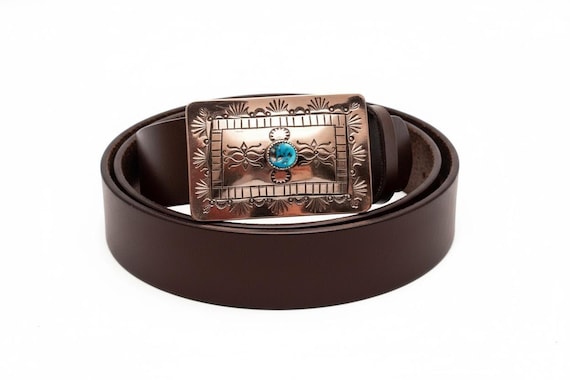Southwestern Turquoise Nickel Silver Belt Buckle with Handmade Leather Belt