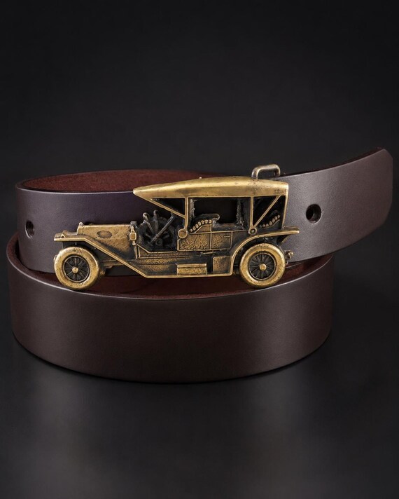 Vintage Brass Edwardian Touring Car Belt Buckle with Custom Genuine Leather Belt | 1910s Antique Automobile Style | Classic Car Collector