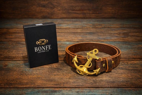 Handmade Leather Anchor Belt – Brass or Pewter Buckle, Nautical Style