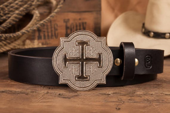 Leather Belt with Jerusalem Cross Buckle: Cowhide, Multiple Colors - Handmade