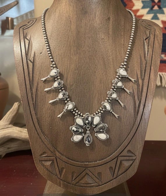 Southwestern Sterling Silver Squash Blossom Necklace | White Buffalo Turquoise Statement Pendant