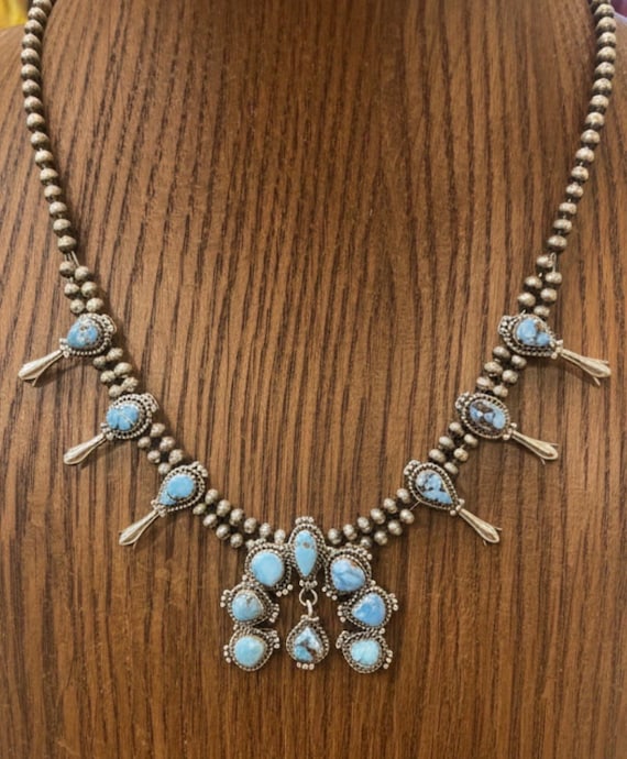Southwestern White Water Turquoise Premium Squash Blossom Necklace | Sterling silver | Statement Turquoise Pendant | 55 g